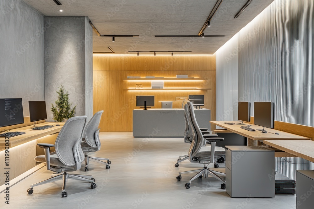 Aufkleber modern office space with sleek furniture and computers for a professional environment.