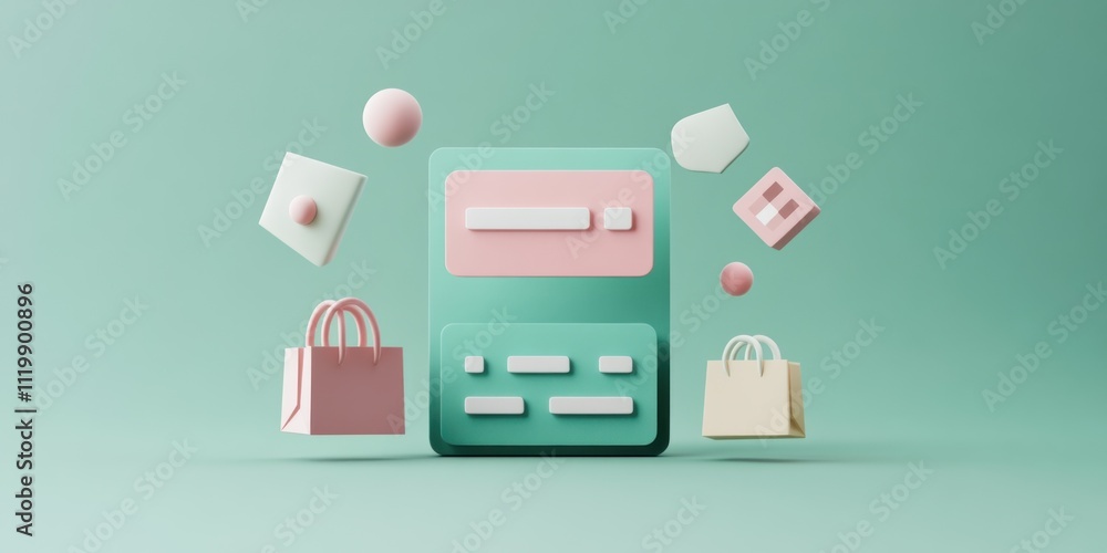 Aufkleber a 3d illustration of shopping elements and a checkout interface.