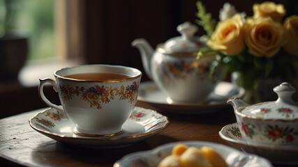 Afternoon tea with exquisite teacups and pastries.
