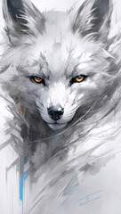 Obraz premium Stunning White Fox Wolf Painting in Abstract Style with Dramatic Splash of Color and Expressive Brushstrokes on Canvas