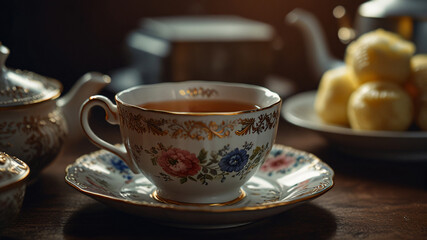Fototapeta premium A serene afternoon tea with red tea and treats. 