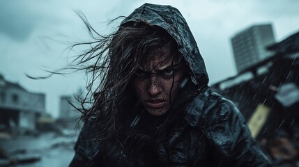 A determined woman in a raincoat, standing against the backdrop of urban ruins and stormy weather, embodies resilience and defiance in an apocalyptic setting.