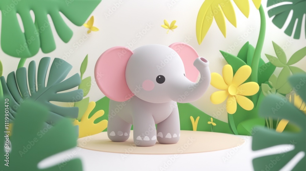 Poster a cute, stylized elephant surrounded by vibrant foliage and flowers in a playful setting.