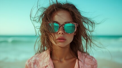 A fashionable woman wearing reflective sunglasses stands confidently on a tranquil beach, her hair tousled by the wind, set against the sea and sky backdrop.