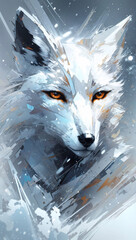 White Fox Wolf Abstract Painting in Bold Artistic Brushstrokes with a Colorful Splash of Paint on Canvas