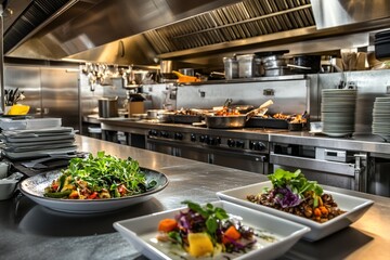 high-end restaurant kitchen with chefs preparing innovative dishes using locally sourced ingredients