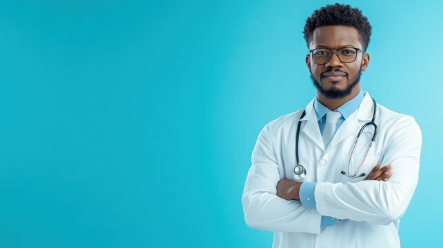 Confident doctor in white coat, arms crossed, standing against a bright blue wall, symbolizing healthcare, professional dedication, and trust.