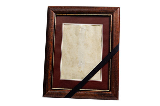 Brown Wooden Frame with Black Mourning Ribbon Isolated on White Background