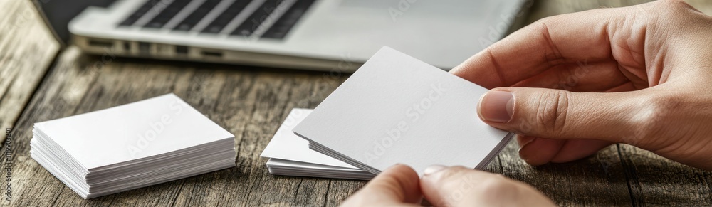 Poster a person holds a blank card near a stack on a wooden surface with a laptop in the background.