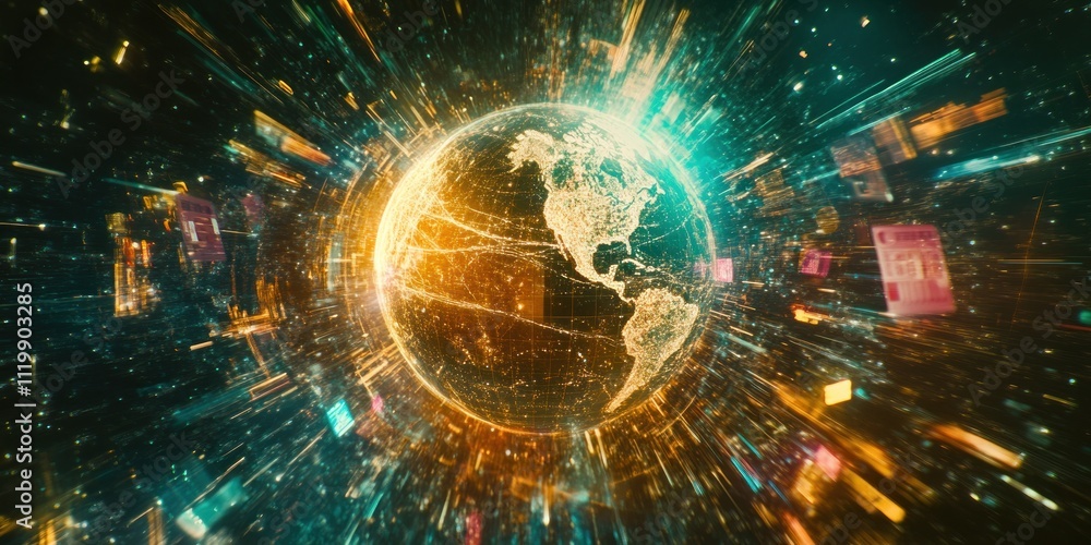 Poster A digital representation of Earth surrounded by vibrant data streams and information bursts.