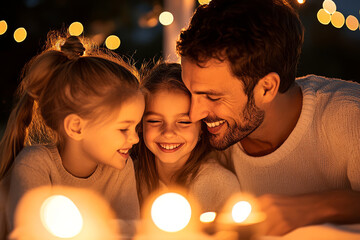 A joyful father shares warm moment with his two daughters, surrounded by soft candlelight and twinkling lights, creating cozy and loving atmosphere