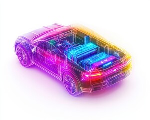 Futuristic electric car with transparent design and neon highlights on white background.