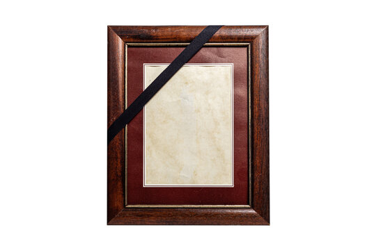 Brown Wooden Frame with Black Mourning Ribbon Isolated on White Background