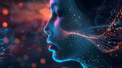Abstract digital portrait of a woman's face, glowing with particles and data streams.