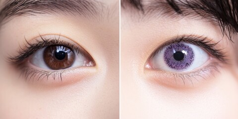 Obraz premium 分割画面で化粧用コンタクトレンズによる目の色の変化をデザインの前後で表示