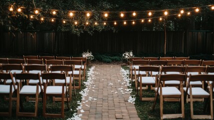 Fototapeta premium Wedding planning ceremony theme. Outdoor wedding setup with chairs and string lights illuminating the aisle.
