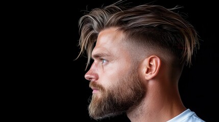 Obraz premium A side view of a man with a well-groomed beard and stylish hair highlights individual style and personal grooming trends, presenting a contemporary masculine image.