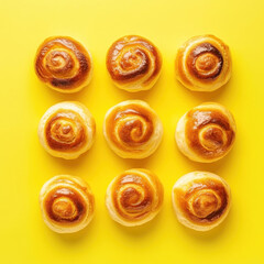 Obraz premium Top view of freshly baked custard buns on yellow background