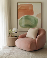 Minimalist, japandi interior design of modern stylish living room. Accent pink armchair against window.