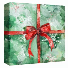 Artistic green gift box featuring white snowflake patterns and a bold red ribbon bow. Watercolor-style design with festive holiday details