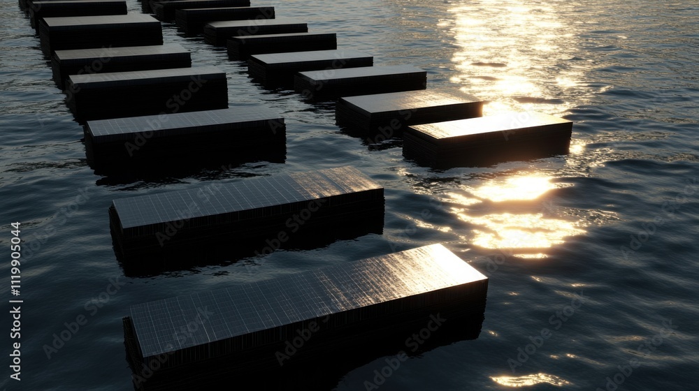 Aufkleber floating platform structures on water reflecting sunlight at dusk creating a serene atmosphere ideal