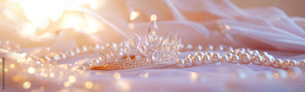Poster A sparkling tiara rests on soft fabric, surrounded by pearls and soft lighting.