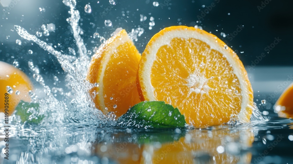 Poster orange segments and mint leaves create a refreshing splash, capturing the essence of freshness with 