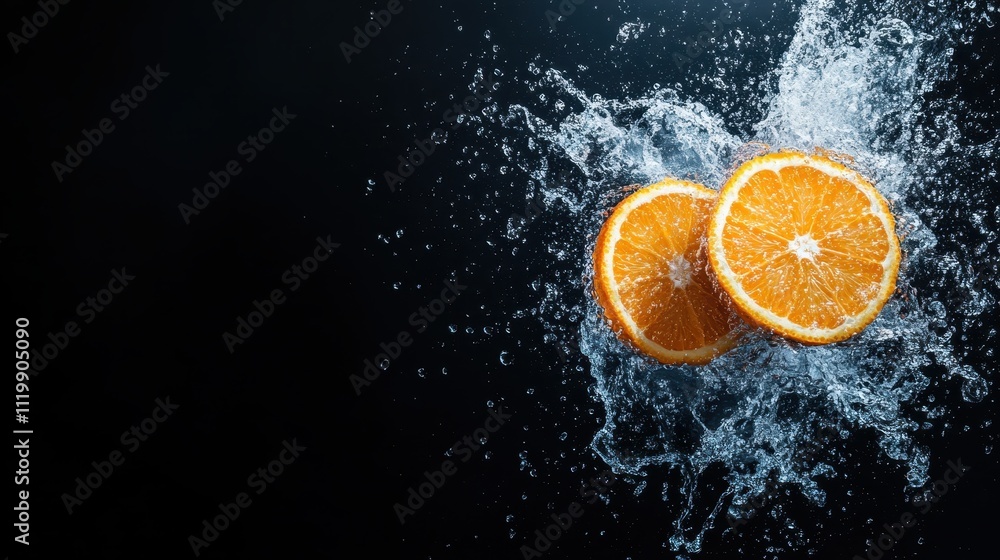 Poster two orange slices create a dynamic splash against a dark backdrop, capturing the energy and vibrancy