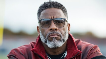 A focused man with stylish silver beard and dark sunglasses, dressed in a red jacket, gazes at the camera, capturing a moment of intensity and thoughtfulness.