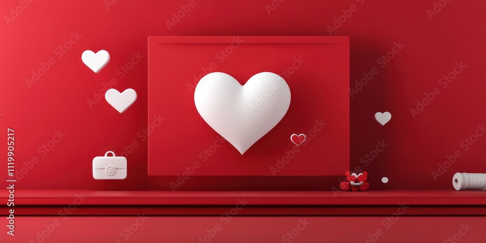 Poster a minimalist design featuring a large heart and playful elements on a vibrant red background.