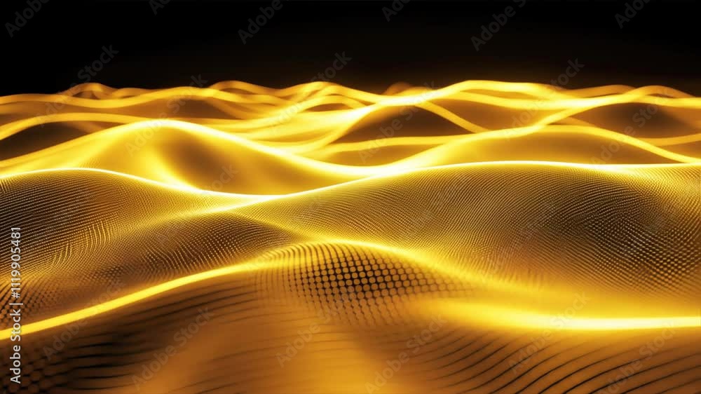 Poster golden waves of light create mesmerizing, flowing pattern in dark background, evoking tranquility an
