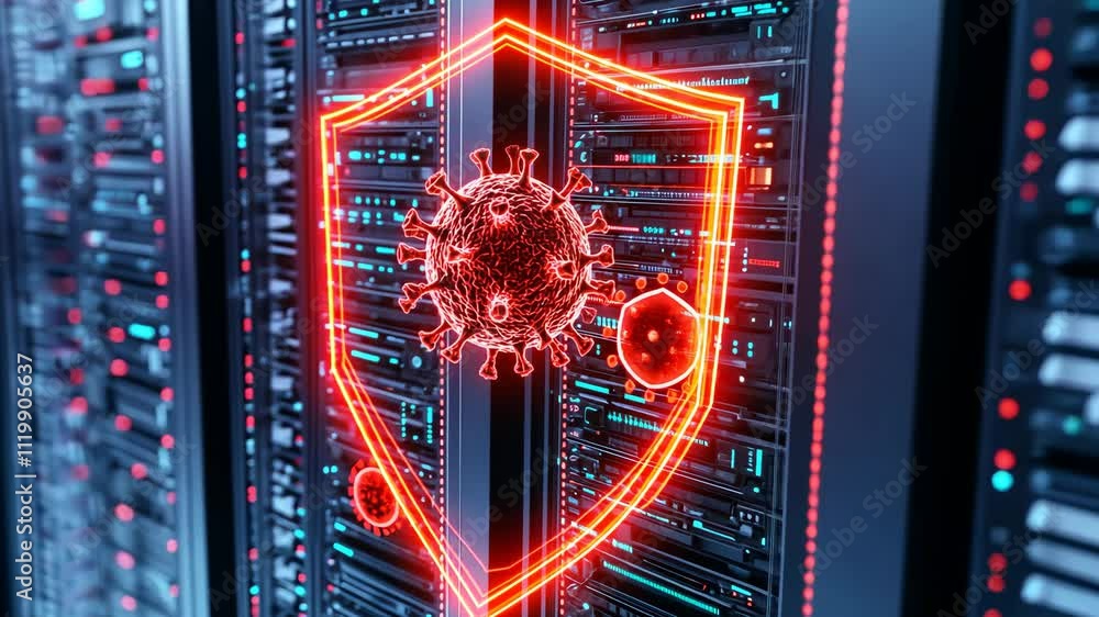 Poster glowing shield with virus symbol in data center setting for digital security concepts
