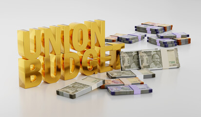 Union Budget of India with Indian Currency Rupee Notes - 3D Illustration Render