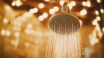 Close-up View of a Modern Shower Head with Water Flowing in a Beautifully Lit Bathroom with Soft Bokeh Background
