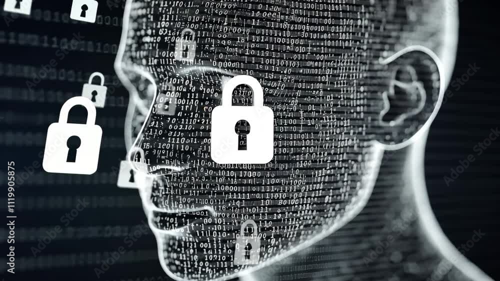 Poster abstract representation of human face constructed with binary code and security symbols