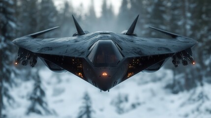 A sleek, futuristic stealth aircraft soars above a snow-covered forest, showcasing advanced design and technology in a mysterious and icy atmosphere.