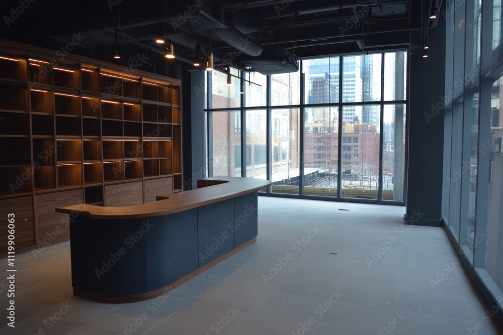 Poster Modern office reception area with large windows and wooden counter.
