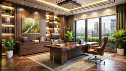 Modern executive office design luxurious cityscape interiors in professional wide-angle photography