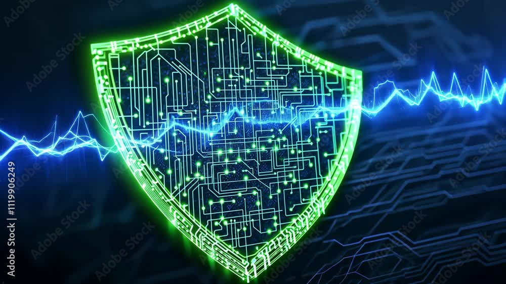 Poster futuristic digital shield icon with circuit patterns and glowing elements