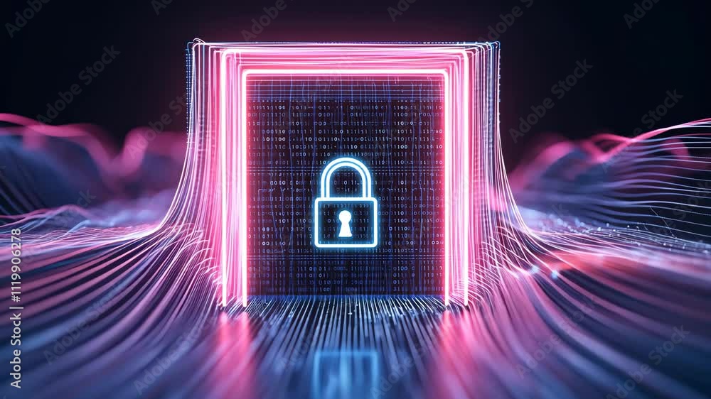 Poster futuristic digital lock interface with neon lights and data streams