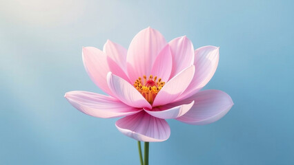 A delicate pastel flower with delicate pink petals on a blue background.