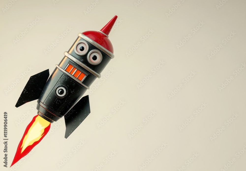 Aufkleber a cartoonish rocket with a smiling face, launching with flames and a playful design.