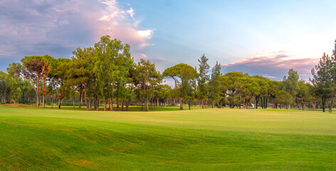 A spacious golf course surrounded by tall trees, bathed in the gentle glow of a pastel sunset, offering a serene outdoor setting.