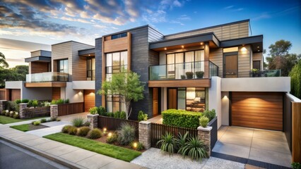 Modern duplex homes for sale in urban neighborhood architectural design sunset view luxury living