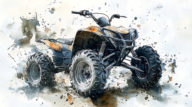 Watercolor illustration of a quad bike, dense arrangement, high resolution, no logos, no brands, no text 