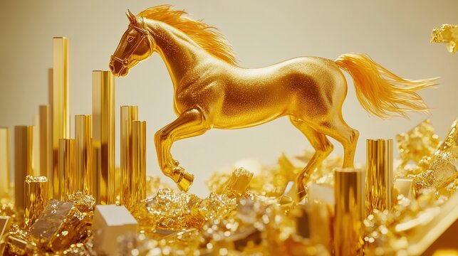 background featuring a golden horse galloping alongside a bar chart displaying an upward trend, illustrated with a luxurious gold foil texture.  a white background symbolizes success and prosperity, m