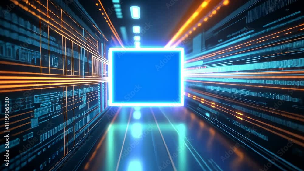 Poster glowing holographic tunnel with alpha and turbo visual effects in digital space
