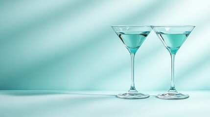 Obraz premium Twin martini glasses filled with sky blue cocktails stand side by side, casting elegant shadows and alluding to style and refreshment in a minimalist setting.