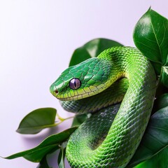 Fototapeta premium Green snake in green fresh leaves on white background, empty space for text, copy space. Symbol of 2025 year of the Snake, picture for postcard and poster calendar