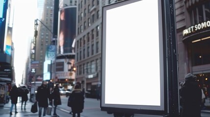 Blank billboard on a busy urban street with people walking and blurred buildings in the background